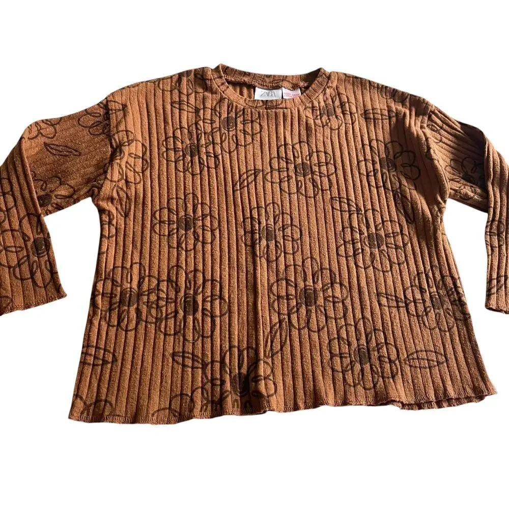 Zara Girls Brown Ribbed Floral Long Sleeve Top Size 3-4 Cottagecore Casual